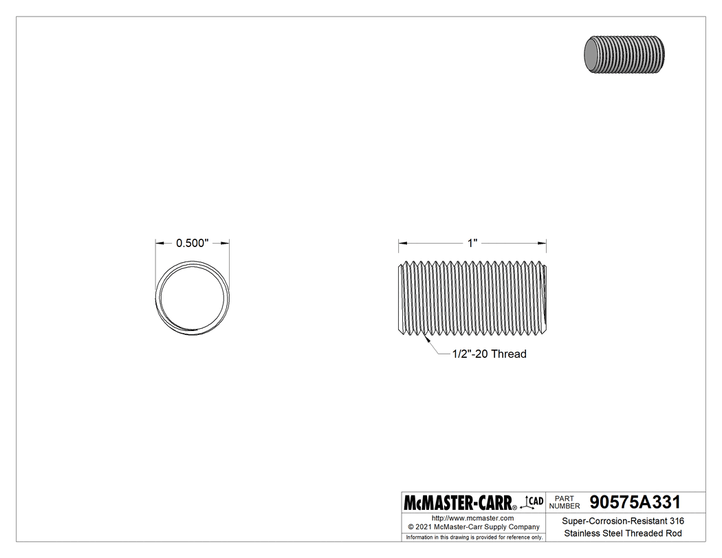 Technical Drawing of Super-Corrosion-Resistant 316 Stainless Steel Threaded Rod, 1/2"-20 Thread Size, 1" Long.